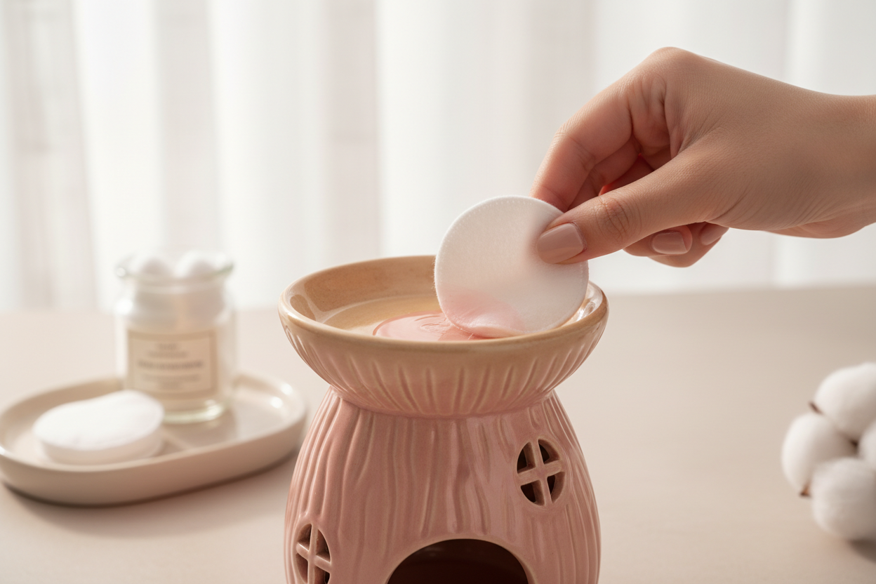 el mismo quemador de la imagen anterior pero sin cable donde se aprecie una mano que limpia la cera derretida de la parte superior del quemador con un algodón