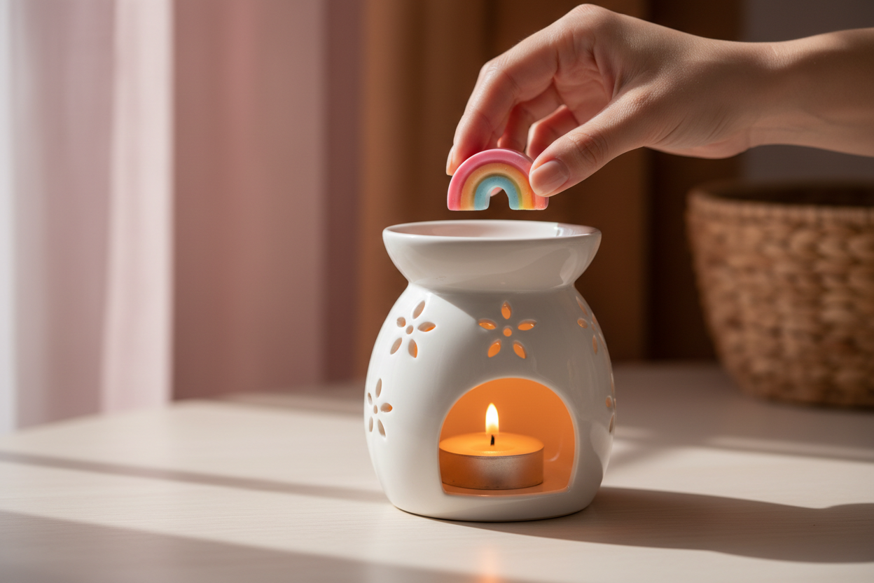 En primer plano un quemador de esencias con una vela de té y una mano que introduce una figurita de cera aromática de color llamativo en la parte superior del quemador. El quemador se encuentra en una mesa con un fondo cálido