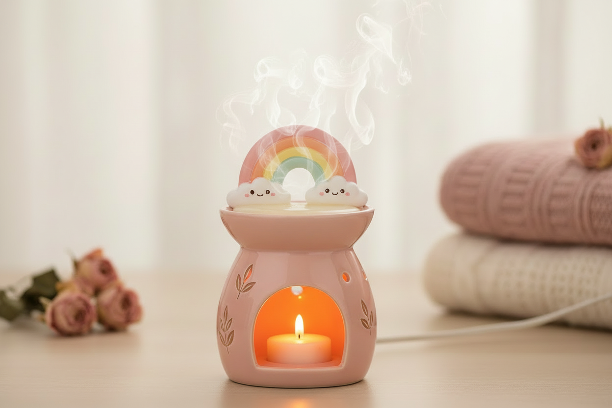 la figurita que humea es el arcoiris de la imagen anterior y se aprecia la cera derretida en la parte superior del quemador